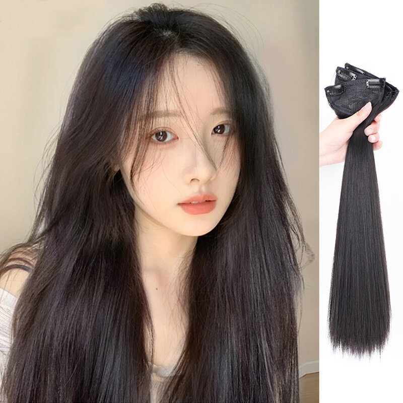 Extensión de cabello negro sintético para mujer asiática, extensiones de cabello largo y liso, postizos suaves Glam, extensiones de cabello con Clip