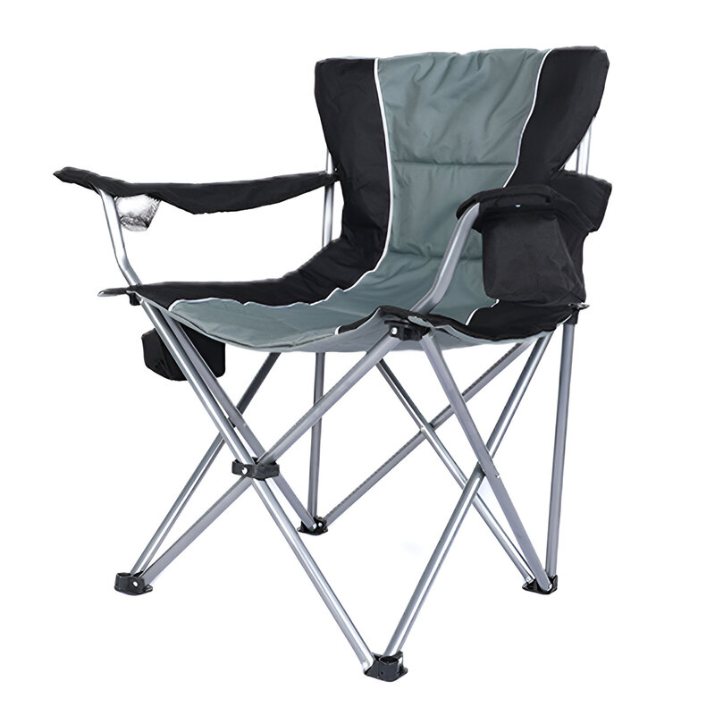 Comfortable YSSOA Grey Camping Folding Chair with Side Cooler Bag, Cup Holder, and Heavy Duty Steel Frame - Fully Padded Quad Ar