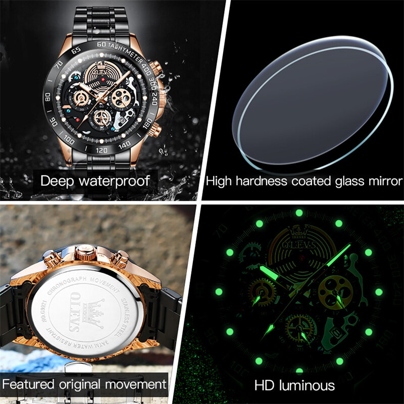 Olevs-メンズ防水クォーツ時計,高級ブランド,オリジナルデザイン,黒のスチールストラップ付き