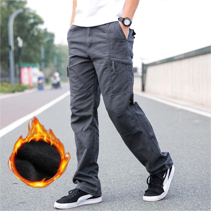Men's Fleece Cargo Pants Tactical Military Overalls Winter Casual Joggers 3XL Korean Loose Running Warm Thermal Trousers