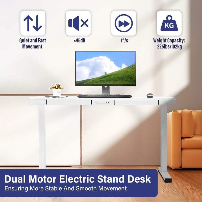 TOPSKY Electric Adjustable Standing Desk with Drawers and Charging USB Port, 47.2"x23.6" Whole-Piece Quick Install Computer Lapt
