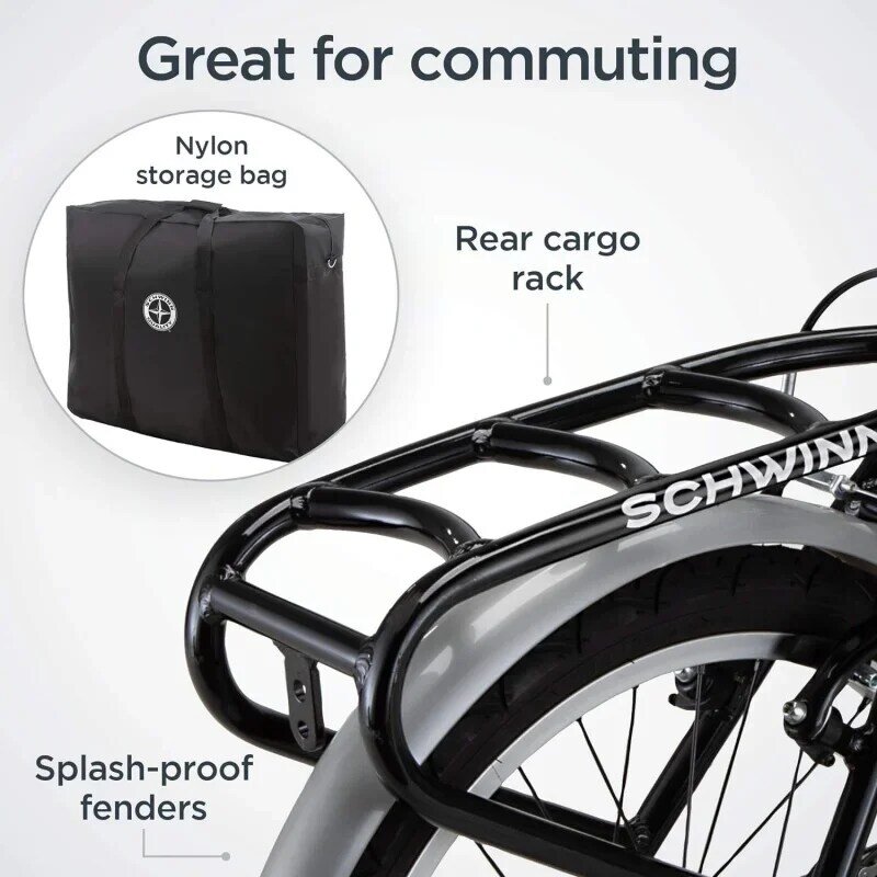 Schwinn Loop bicicleta plegable para hombres y mujeres adultos, ruedas de 20 pulgadas, tren de transmisión de 7 velocidades, estante de carga trasero, bolsa de transporte incluida para St