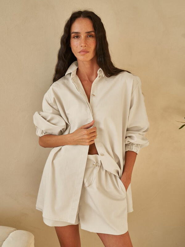 Mathaqiqi-Pijamas cáqui de manga comprida para mulheres, pijamas de moda, camisolas femininas, pijama de colarinho para baixo, conjunto de 2 peças