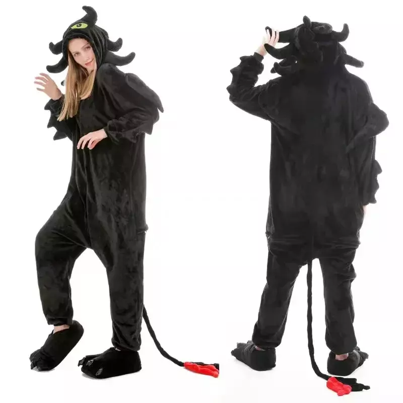 Black White Toothless Dragon Onesie for Adult Women Men Animal Pyjamas Homewear Halloween Cosplay Party Costume