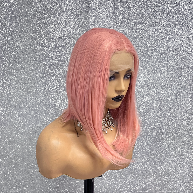 Drag Queen короткий Боб фальшивый вырез 16 дюймов розовый цвет Предварительно вырезанный 13x3,5 дюймов синтетическое кружево фронтальная Косплей парики с детскими волосами