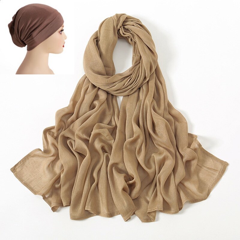 Hijab de Color a juego para mujer, gorro de algodón viscosa lisa, pañuelo musulmán, chal suave, Turbante, 2 uds./Set