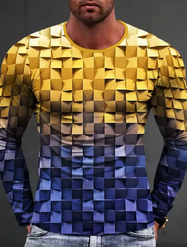Spring And Autumn The Latest Men's Long Sleeve 3d Printed T-Shirt Geometric Color Block Personality Creative Casual Clothing