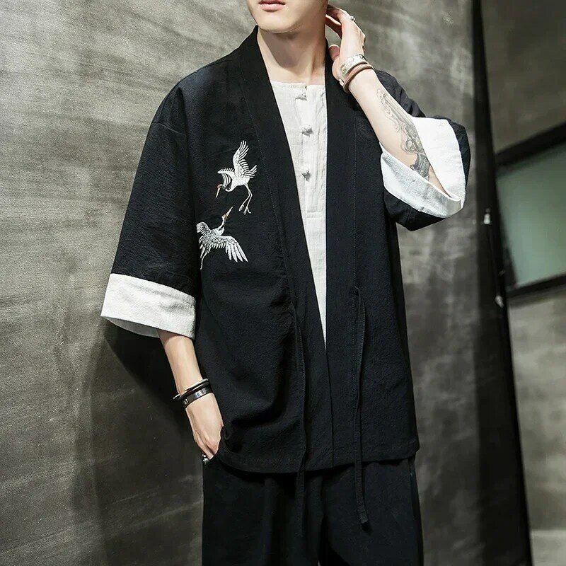 2022 Fashion Costume Embroidery Hanfu Mens Chinese Style Robe Cardigan Jacket Oversized Kimono 5XL Ancient Coat Male