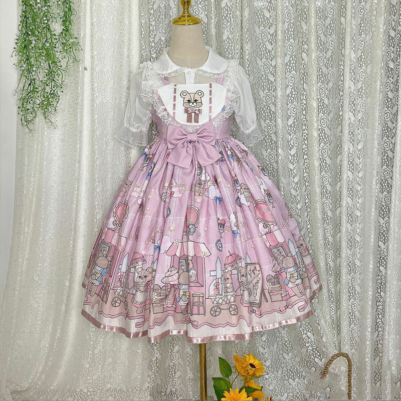 Lolita Cute Jsk Japanese Sweet Kawaii Soft Girl Party Dress Cartoon Printing Bow Suspender Lace Ruffles JSK Princess Dresses