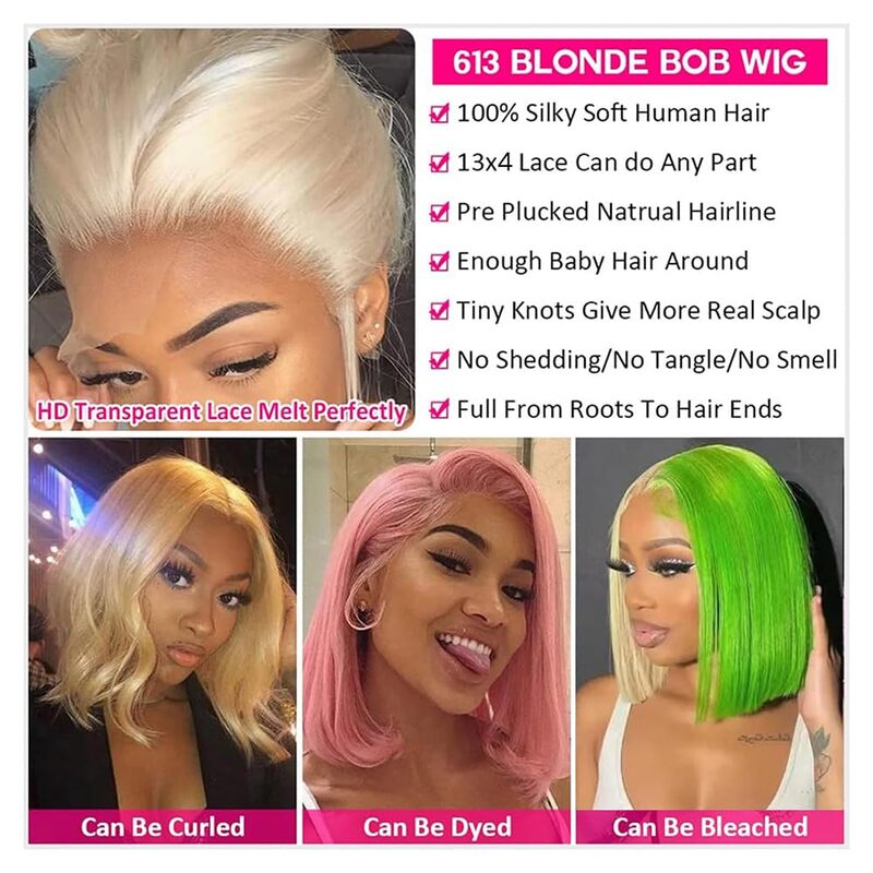 13x4 HD peruki typu Lace front ludzkie włosy wstępnie oskubane z włosami dziecka krótkie proste Bob peruki dla kobiet blond Bob peruka ludzkie włosy 613