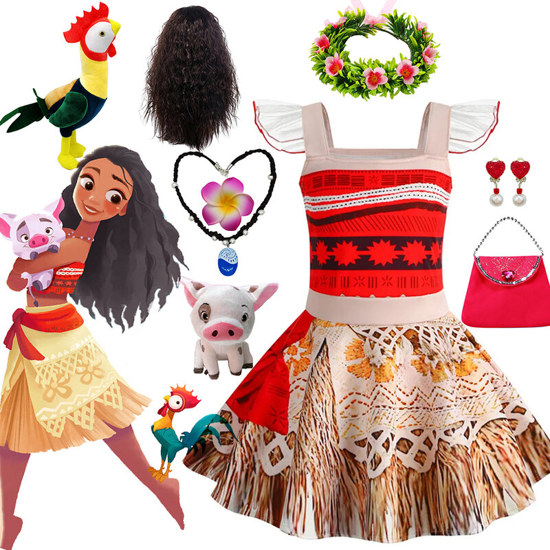 Vestido de Cosplay de princesa Moana para niña pequeña, trajes estampados de manga acampanada, disfraz de fiesta temática de princesa, conjuntos de juegos para niños
