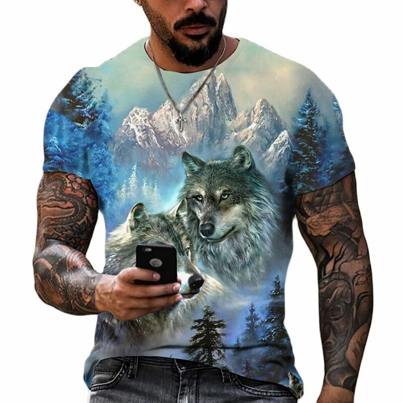 T-shirt manches courtes pour homme, streetwear décontracté avec loup imprimé animal en 3D, vêtements vintage, 2024