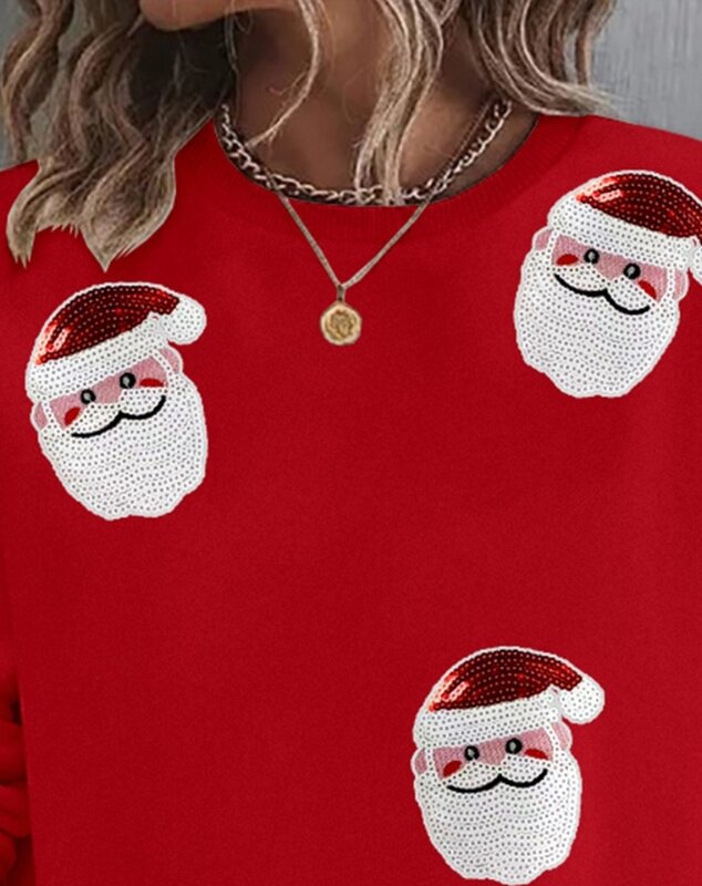 เสื้อสเวตเตอร์แขนยาวเสื้อสเวตเตอร์คอกลมลายซานตาคลอสสำหรับผู้หญิง, เสื้อสวมหัวอเนกประสงค์แฟชั่นสำหรับฤดูใบไม้ร่วง2023
