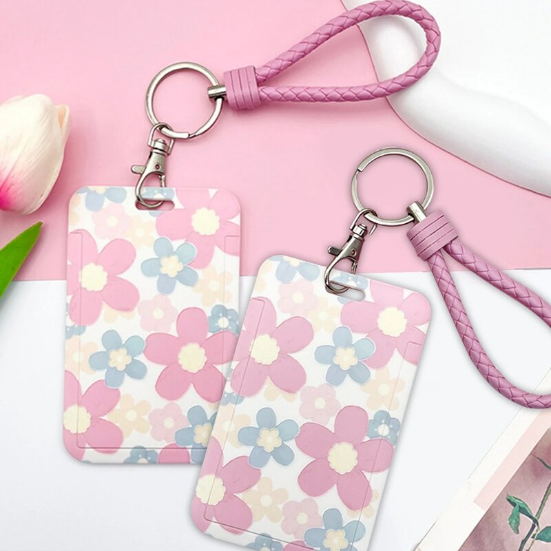 Plastic Card Sleeve Romantic Flower Pattern Bank ID Card Holders Students Women Landscape Bus Card Cover Case With Key Chain