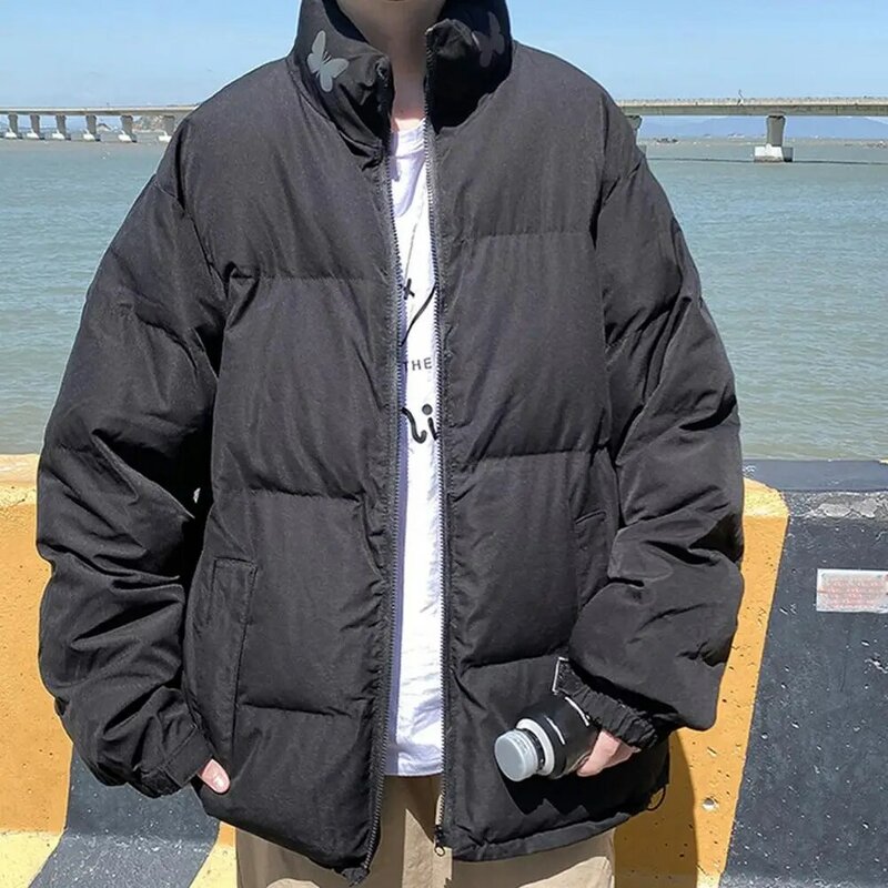 Casaco isolado resistente ao frio masculino, jaqueta acolchoada espessa com proteção no pescoço, à prova de vento, fechamento com zíper, longo, inverno