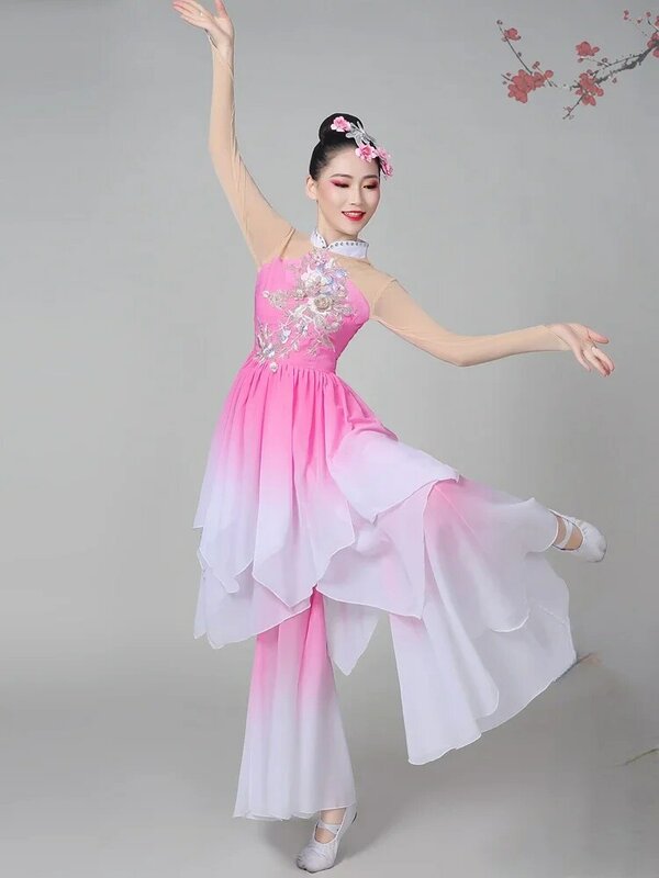 Traje chinês flutuante de dança quadrada para mulheres, roupa de fã Yangge, palco étnico, fantasia clássica de desempenho