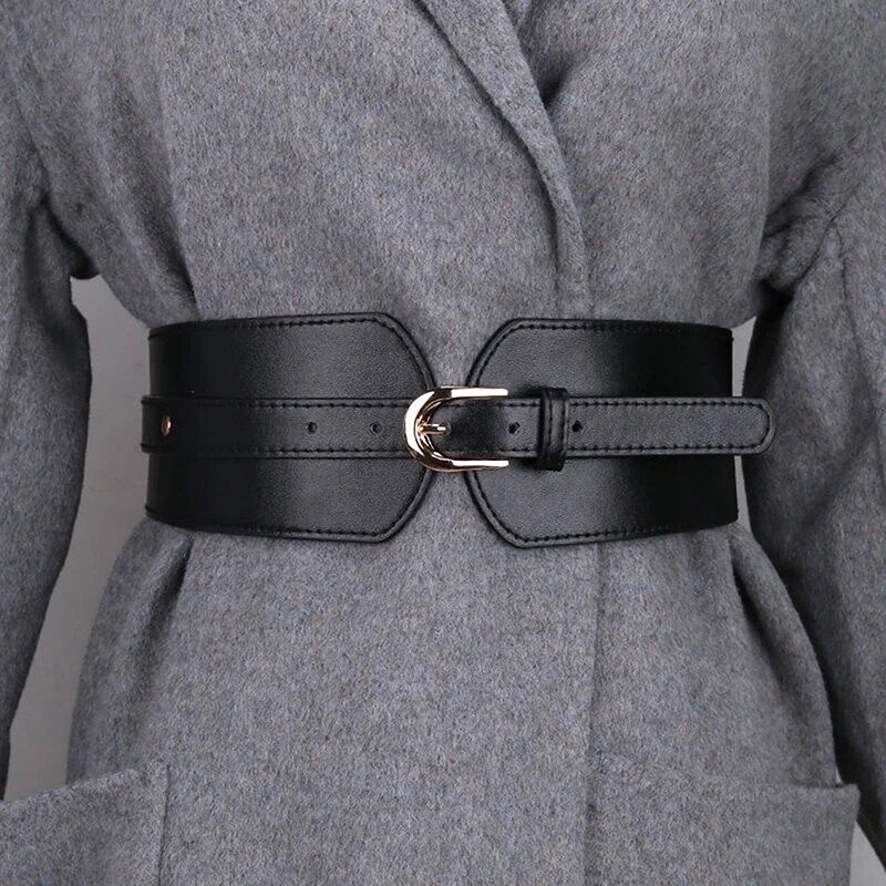 Cinto largo elástico feminino, fivela de couro falso, cintura monocromática, moda vintage