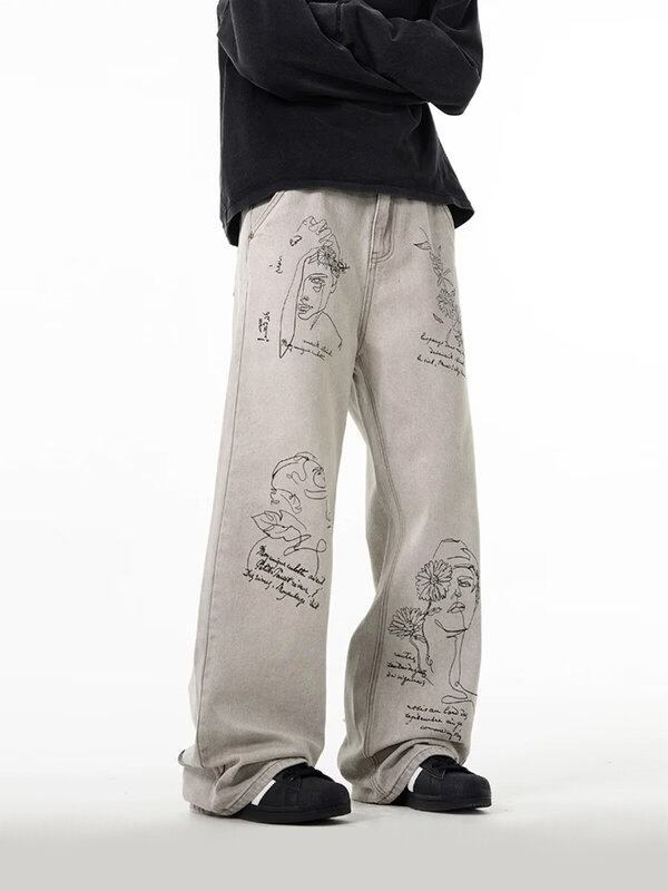 HOUZHOU Harajuku Graffiti Graphic Jeans for Men Baggy Oversize High Waist Denim Pants Cowboy Trousers Male Vintage Streetwear