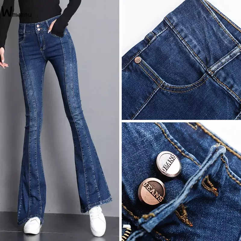 Jeans Flare Skinny com fundo de sino para mulheres, streetwear com patchwork, jeans stretch vintage, calças esfregando cowboy, nova moda
