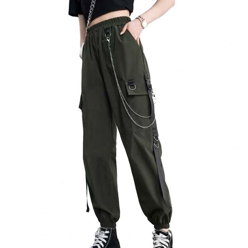 Calças femininas com elástico na cintura alta, elegante decoração em cadeia, vários bolsos, streetwear confortável, na moda