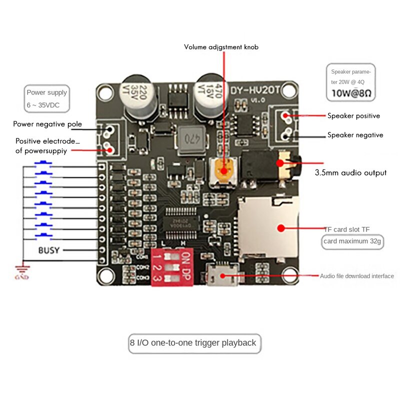 Módulo Reprodução de Voz para Arduino, Amplificador para Arduino, DY-HV20T, 10W, 20W