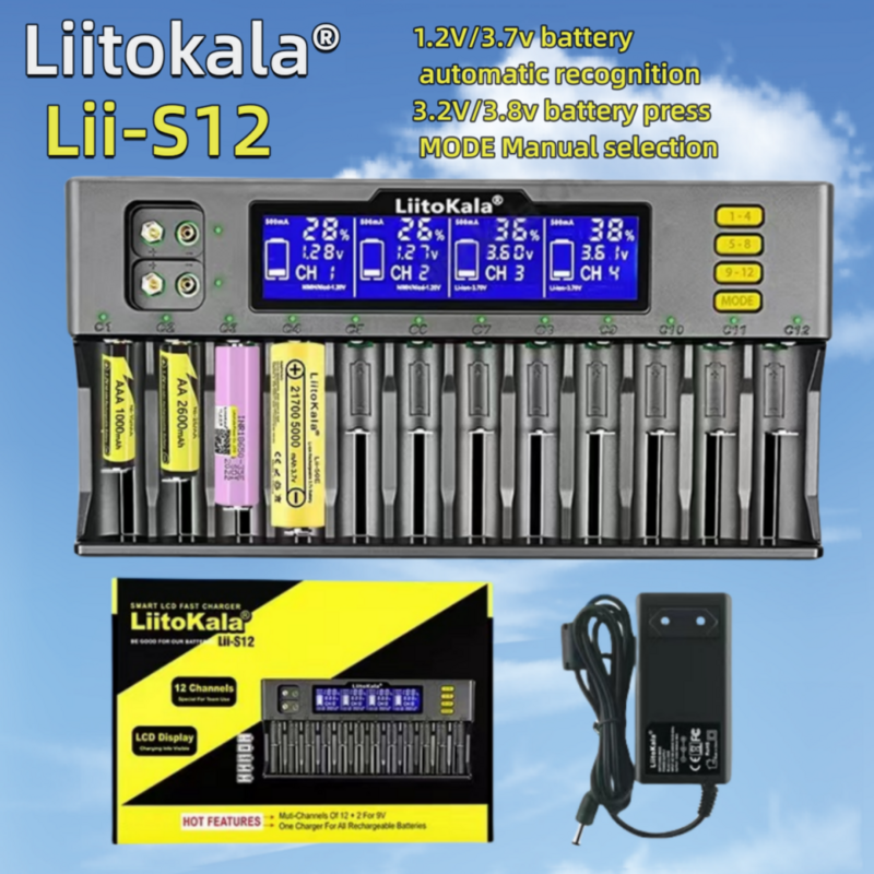 LiitoKala Lii-S12 12-Slot S8-Slot 18650 pengisi daya baterai untuk 20700 26650 21700 14500 10440 16340 V 1.2V 3.7V Lion baterai