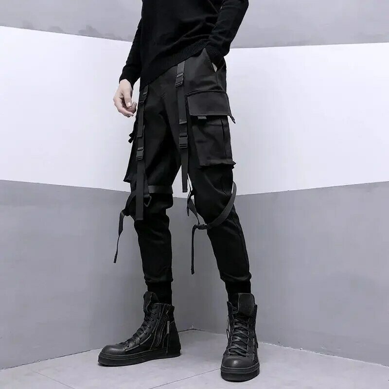 HOUZHOU-calça preta masculina, streetwear japonesa, calça masculina hip hop, bolso com fita primavera, moda harajuku, moda techwear
