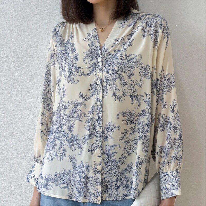 Женская шелковая рубашка, белая блузка из крепа тутового шелкопряда с цветочным принтом, V-образным вырезом, пуговицами и длинным рукавом-фонариком, Размеры M, L, XL, M1129, 100%