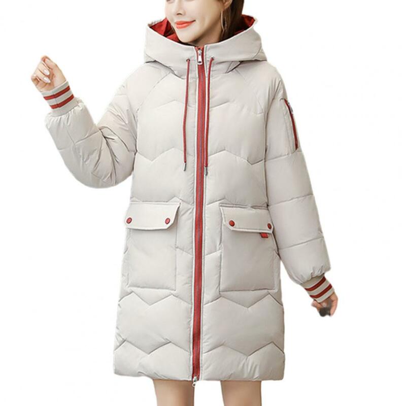 Jaqueta de algodão de comprimento médio feminina, casaco com capuz, gola alta, com zíper, à prova de vento, casual outwear, inverno