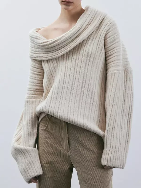 Элегантные плотные вязаные топы с воротником-лодочкой, Женский Повседневный Свободный теплый пуловер с длинным рукавом, женский модный свитер в стиле High Street