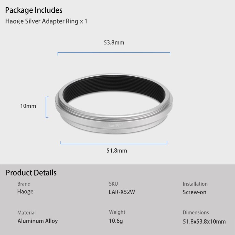 Haoge Objektiv Filter Adapter Ring für Fujifilm X100V 49mm UV CPL ND AR-X100 Silber