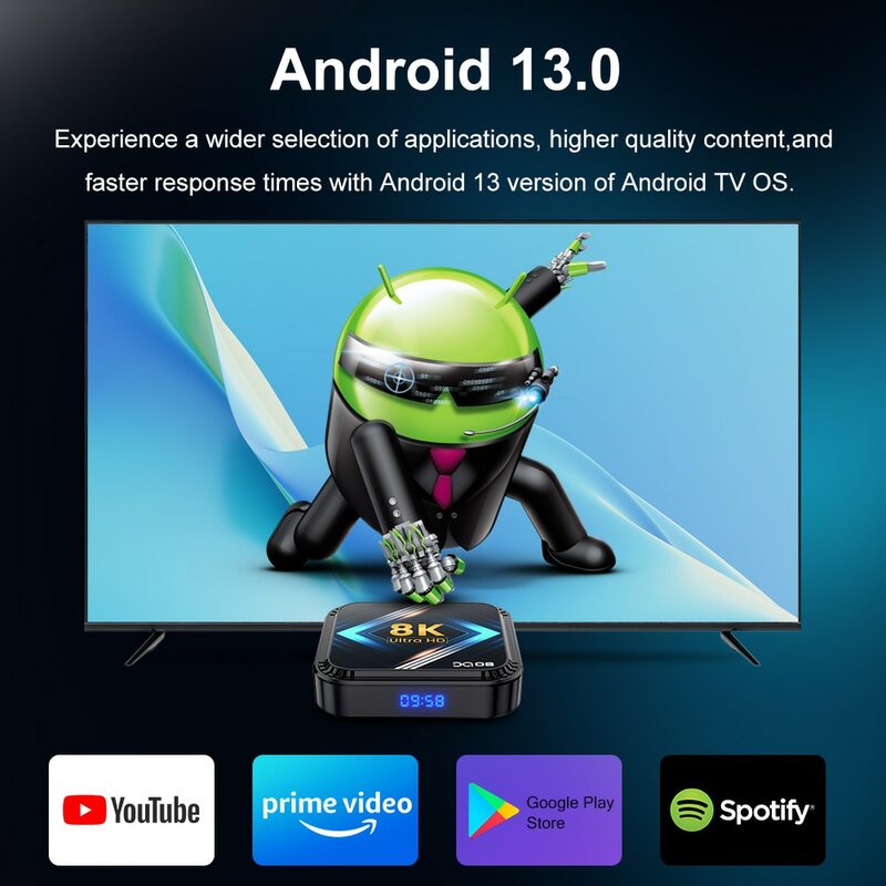 DQ08 RK3528 Smart TV Box Android 13 Quad Cortex A53 Wsparcie 8K Video 4K HDR10 + Podwójne Wifi BT Google Voice 2 G16G 4G 32G 64G