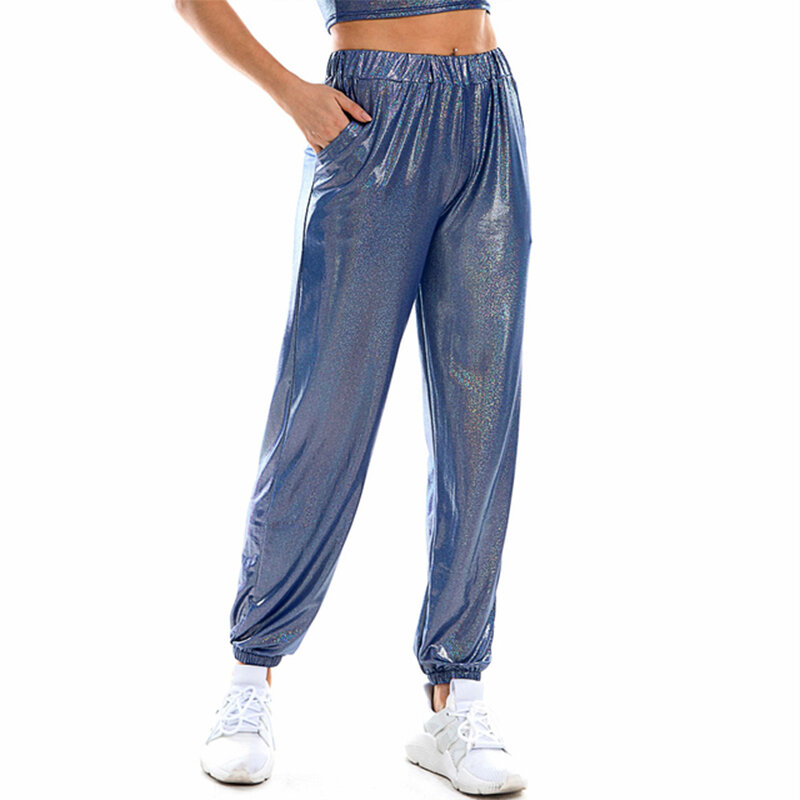 Celana Jogger Metalik Pinggang Tinggi Glitter Wanita Celana Olahraga Saku Nyaman Dapat Direntangkan Celana Panjang Hip Hop Tari Musim Semi Musim Panas Streetwear