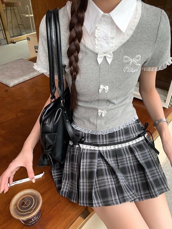 ADAgirl Harajuku gonne a pieghe scozzesi per le donne minigonna in pizzo Kawaii con fiocco stile Preppy abiti uniformi moda coreana Chic