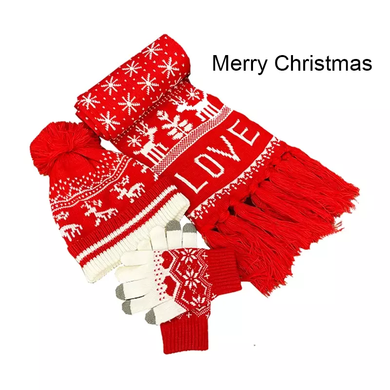 3 Pieces Women Winter Keep Warm Set Thicken Soft Gloves Scarf Christmas Snowflake Elk Jacquard Hat Snow Design Neckerchief
