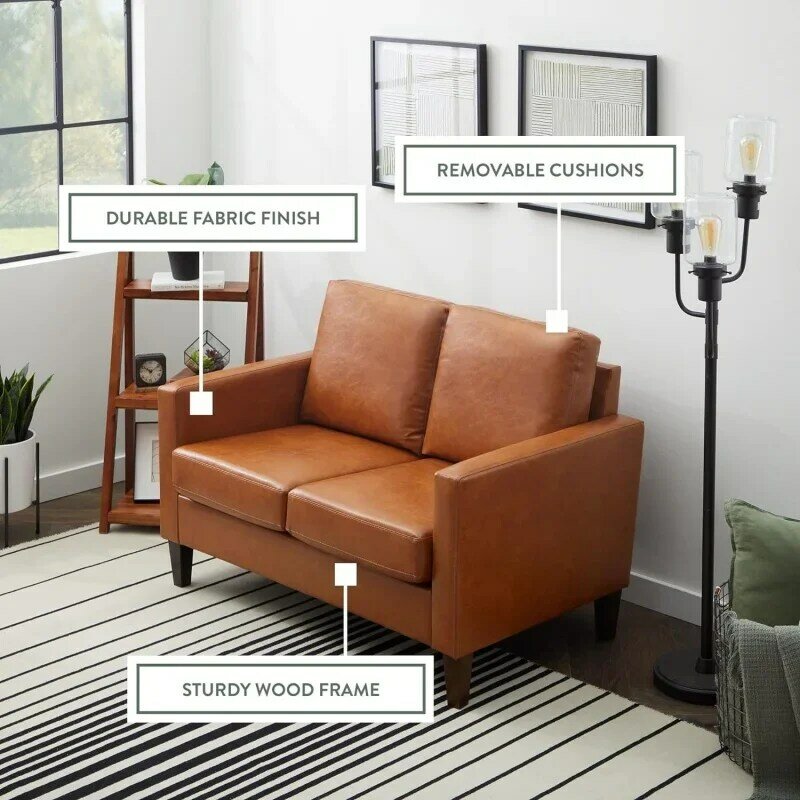 Edenbrook-合成皮革の布張りのラブシート、キャメル、リビングルームの家具、小さなミッドセンチュリーのお母さん