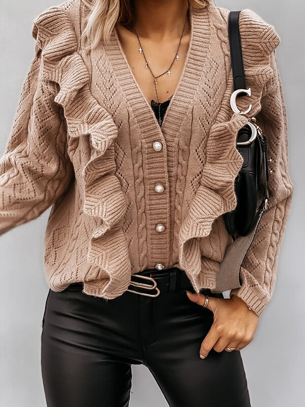 CMAZ Jesienno-zimowy sweter z dekoltem w szpic dla kobiet 2024 Nowy luźny dzianinowy kardigan damski Patchwork Ruffles Tops Lady LC271323
