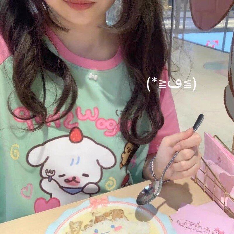 Deptown japoński styl 2000s Y2k zielona koszulka damska letnia Kawaii z krótkim rękawem Anime tee Harajuku słodkie Oversize koszula z okrągłym dekoltem