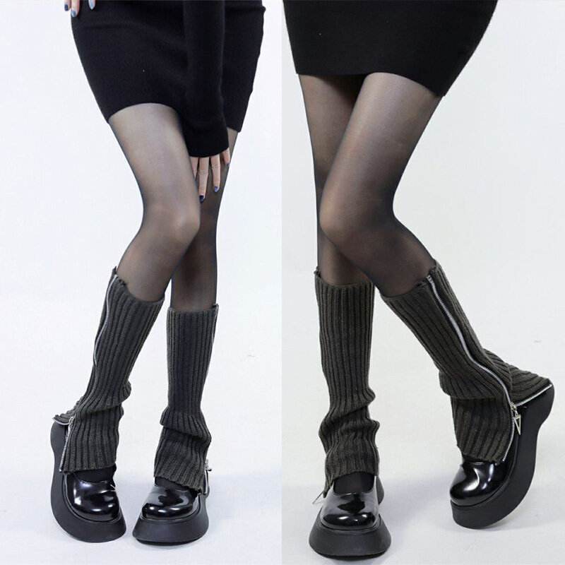 Calentador de piernas con cremallera para mujer y niña, calcetines largos de punto, cálidos, cubierta de pie, Punk, hasta la rodilla