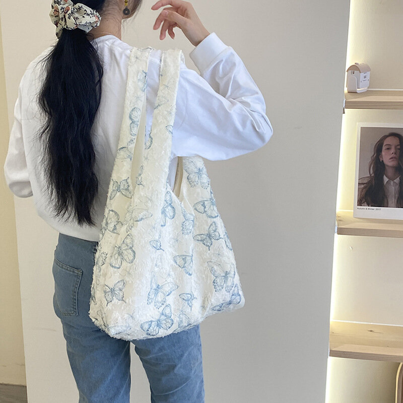 Mochila de lona borboleta de renda feminina, bolsa artística de grande capacidade com um ombro, edição coreana moderna, nova
