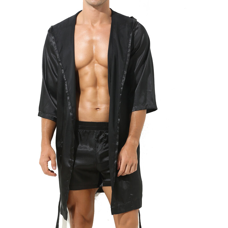 Camisón de satén con cinturón frontal abierto para hombre, Kimono de media manga con capucha, ropa de dormir informal para el hogar, gran oferta
