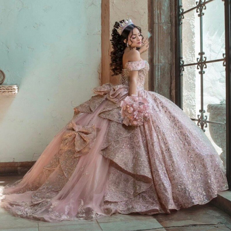 Quinceanera rosa fora do ombro vestido de baile, Apliques Flores Arco, Doce 15 16 Anos, YQD287, 2023, XV