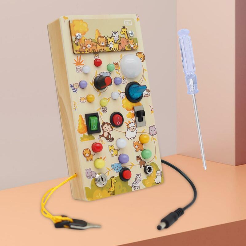 Wooden Busy Board with 8 LED Light Switches Light Sensory Toys Wooden Control Panel for Children Girls Boys Age 3 + Toddlers