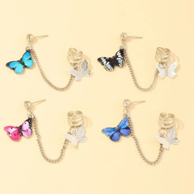 Nowe romantyczne niebieskie kolczyki motylkowe Punk Style modne dziewczęce kolorowe motyle bez przekłuwania uszu łańcuszek klips do ucha akcesoria biżuteria