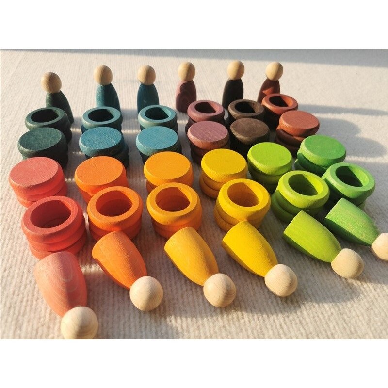 Kids Wooden Toys Beech Rainbow Coins and Rings Stacking Blocks with Peg Dolls Loose Parts
