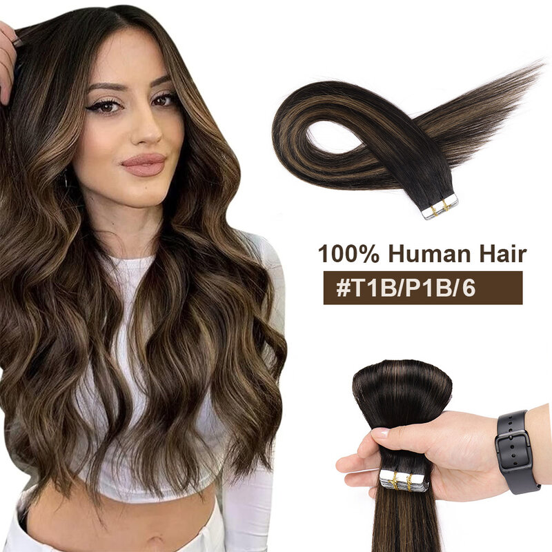 Cynosure Hair Tape in Hair Extensions Human Hair Seamless Tape in Extensions Natural Black to Chestnut Brown Balayage #T1B/P6/1B