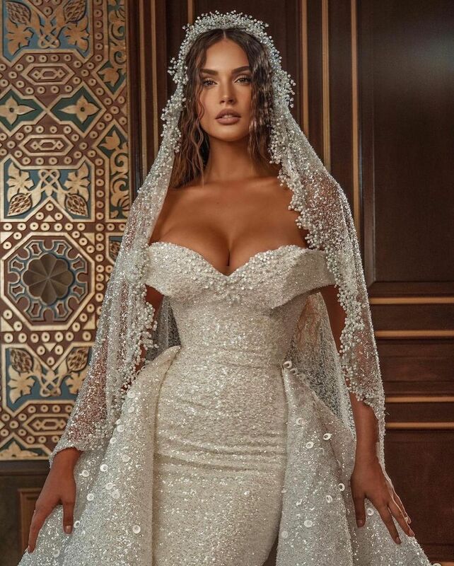 Sparkly lantejoulas sereia vestido de casamento fora do ombro glitter vestidos de noiva em camadas contas vestido de noiva com trem destacável