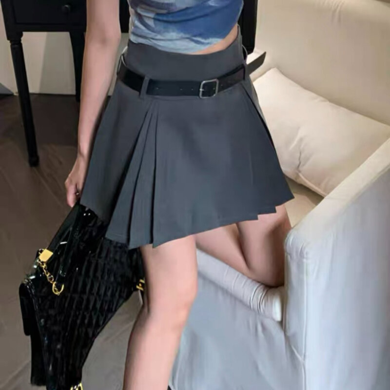 Deeptown styl Preppy plisowana spódnica damska seksowna krótka spódniczka z wysokim stanem z paskiem słodka na co dzień koreańska modna spódnica Spice Girls