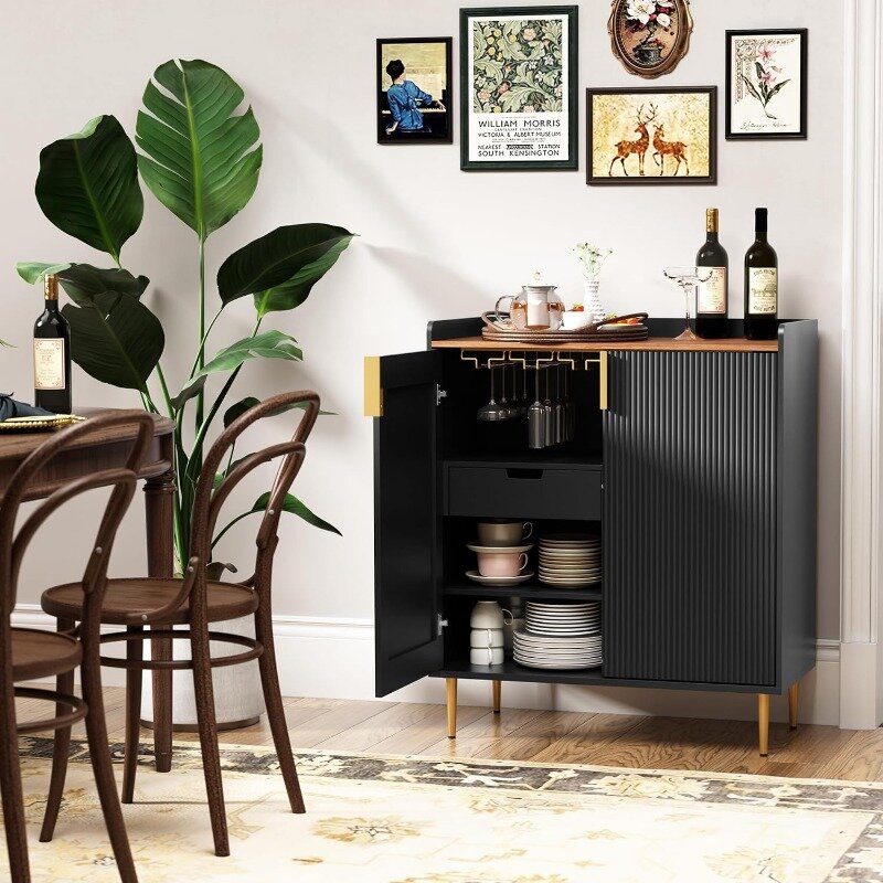 Kabinet Bufet papan samping ARTPOWER dengan bertekstur bergalur, Kabinet Bar kopi Modern dengan rak anggur & laci
