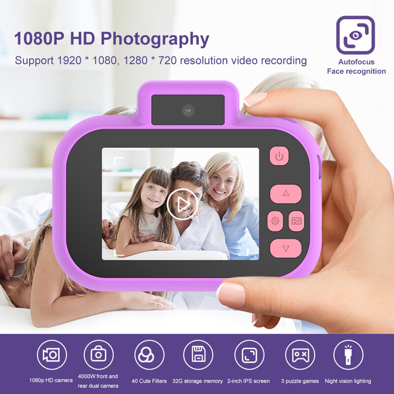 Kamera Selfie anak-anak, mainan elektrik anak-anak kamera Selfie 4000W piksel layar HD 1080P biru ungu dengan kamera ganda untuk bayi Camara Foto Infantil